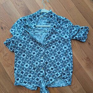 Tie Knot Button Down Shirts Casual Blouse Curved Hemline